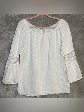 Alessia Pacini White 100% Linen Peasant Boho Trumpet Sleeve Crochet Size Small